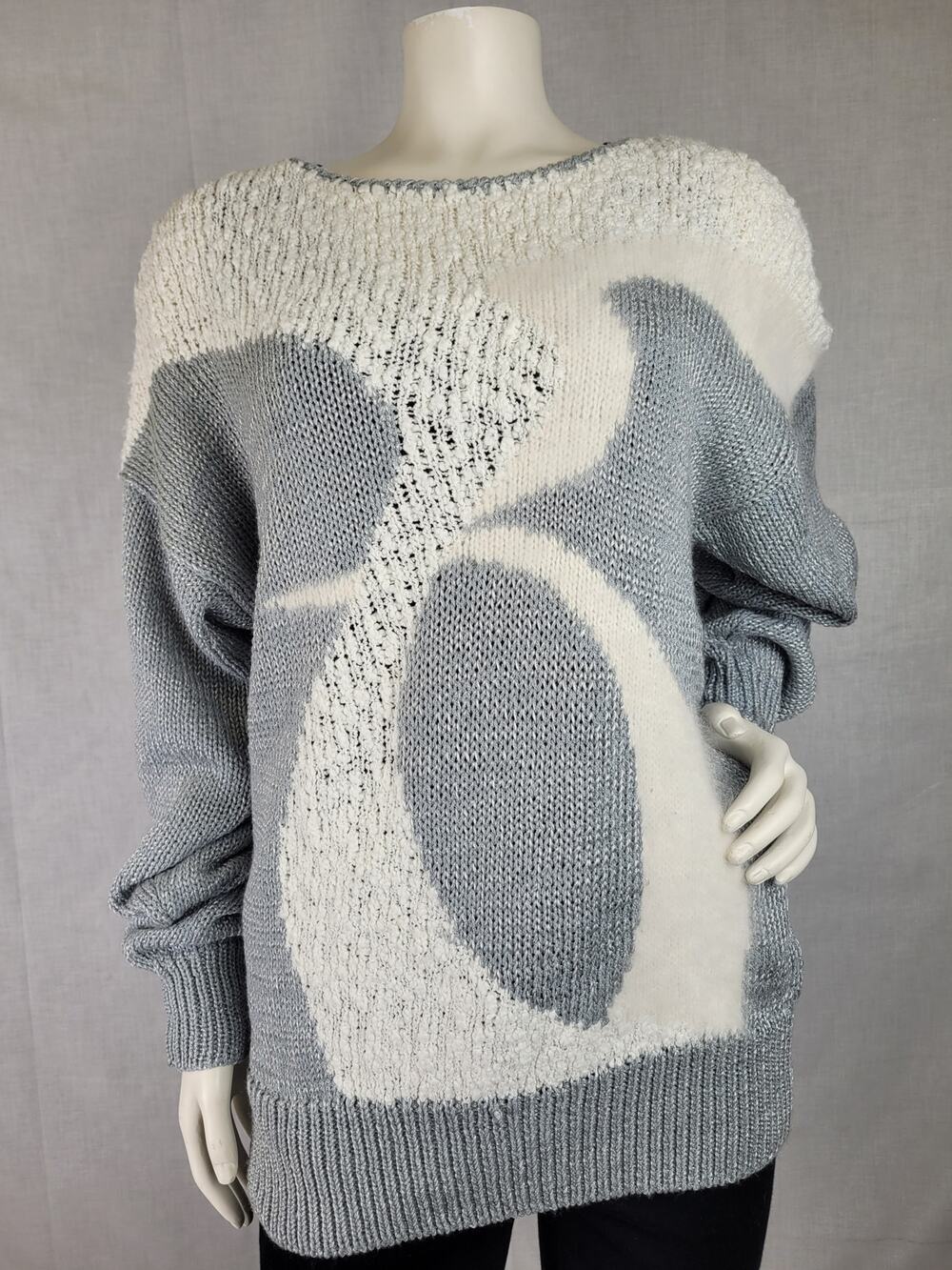 Vintage 80s Lady Lily Abstract Design Grey & White Sweater Angora Women's Sz M/L